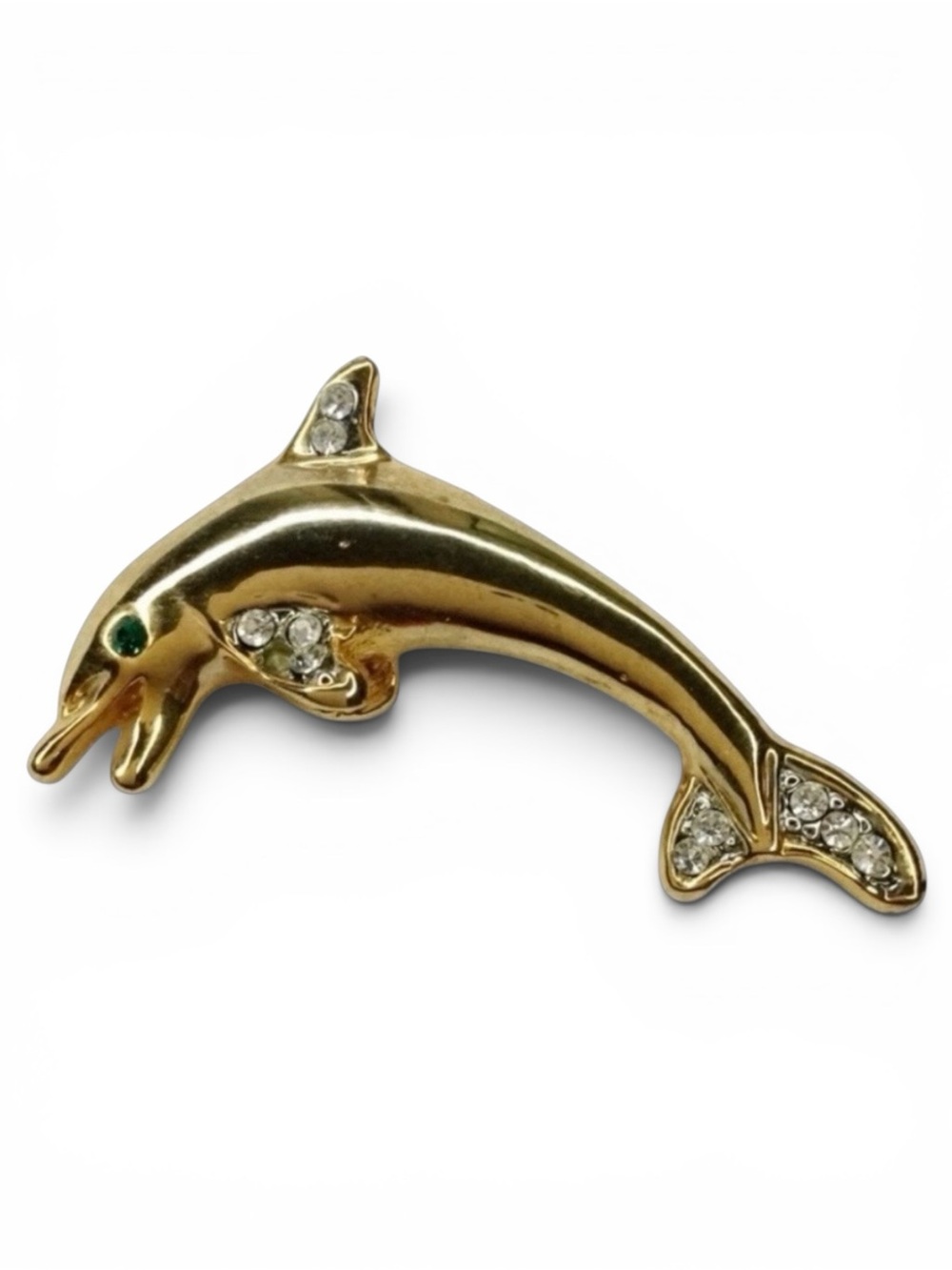 Vintage Gold‑Tone Dolphin Brooch – Green Rhinestone Eye - Playful & Coastal - Picture 5 of 9